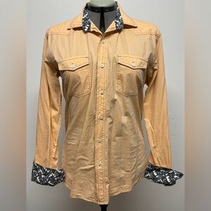 Stylish Peachy color Button-Down Shirt with Black and White Paisley Accents